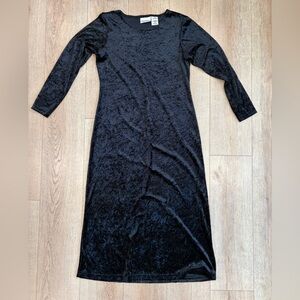 Vintage Crushed Velvet Maxi Dress Black 48” Length 90s Long Sleeve S 4/6